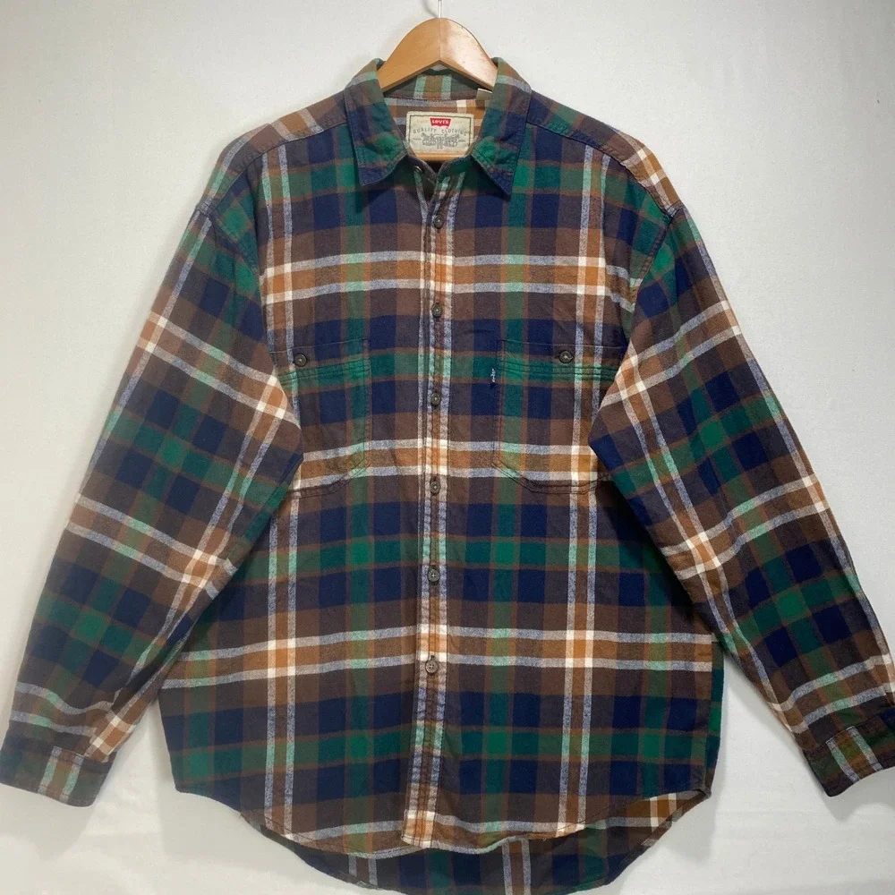 Levis Plaid Flannel Shirt Mens sz L Brown Blue Long Sleeve Button Up Western - Picture 1 of 9